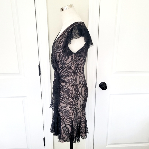 Black Lace Ruffle Dress Glam Special Occasion Classic Party Fall Spring Summer - Picture 5 of 7